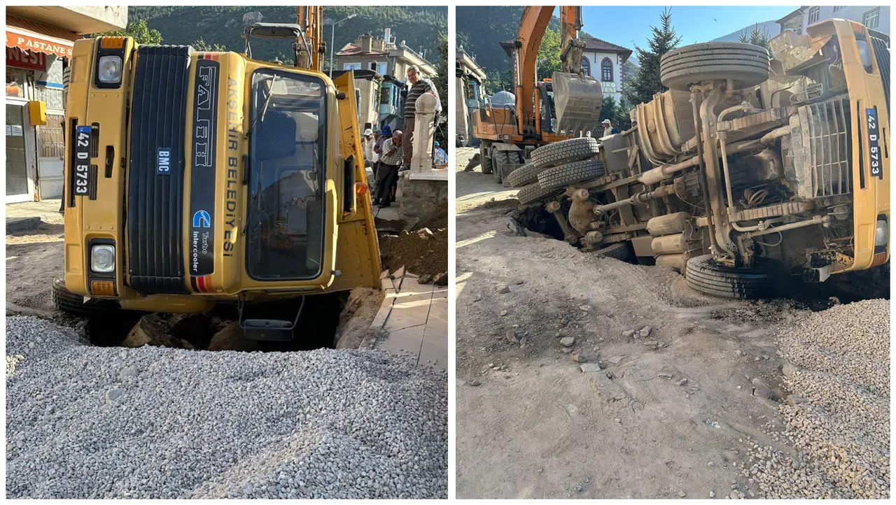 Konya'da yol çöktü! Kamyon çukura düştü