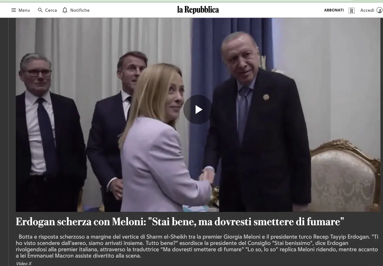 Erdoğan'ın İtalya Başbakanı Meloni'ye sigara uyarısı İtalya basınında