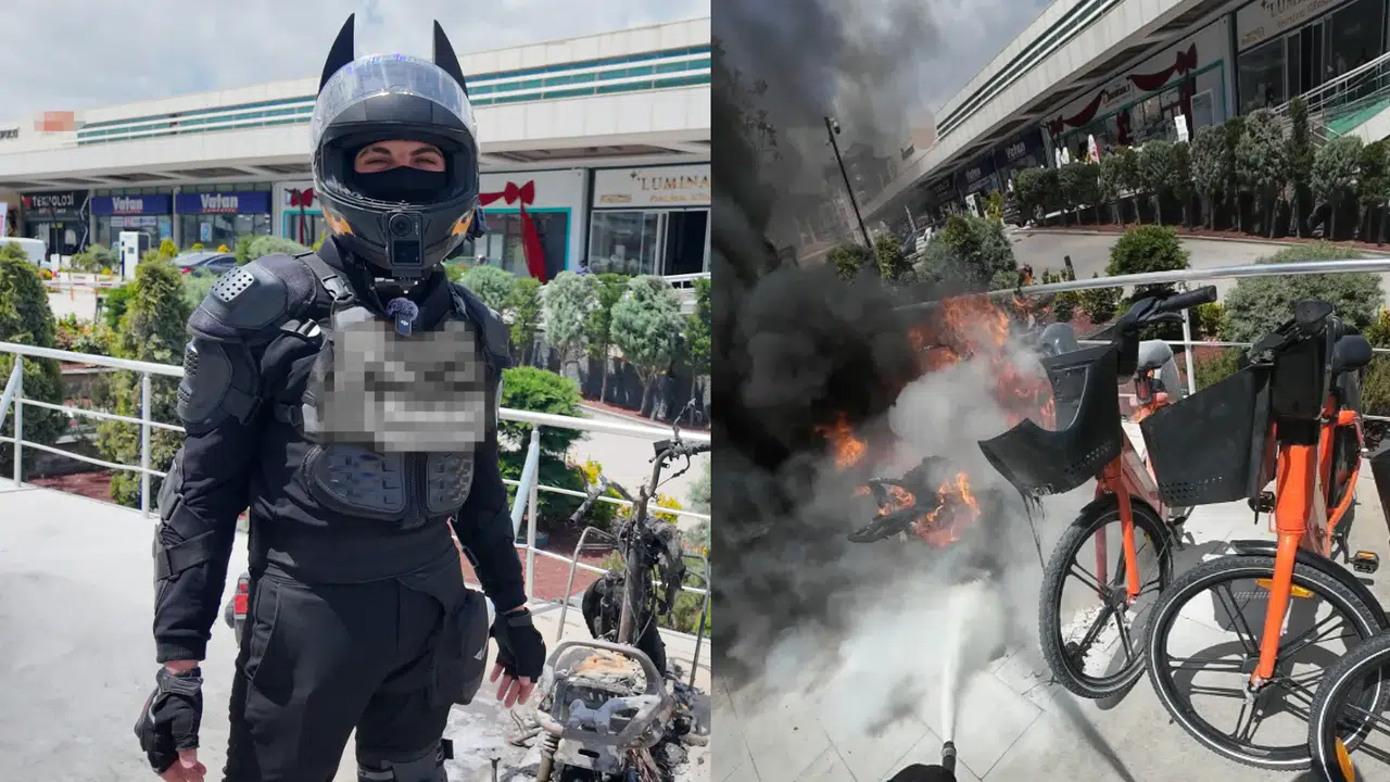 Konya'da alev alev yanan motosiklete motosikletli kuryeden müdahale