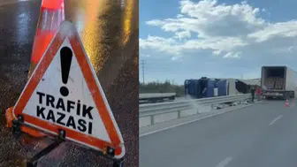 Konya'da kontrolden çıkan tır devrildi, yükü yola saçıldı
