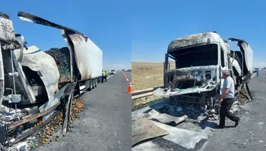 Konya'da seyir halindeki sebze yüklü tır yandı