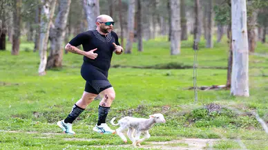 Koşucuların yarışına dahil olan kuzu renkli görüntülere neden oldu