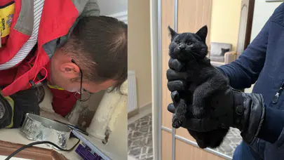 Konya'da bacaya giren kedi 6 saatlik operasyonla kurtarıldı