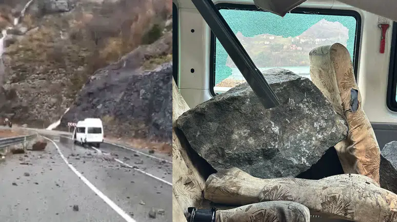 Seyir halindeki minibüsün üzerine dev kayalar düştü, 3 kişi şans eseri kurtuldu