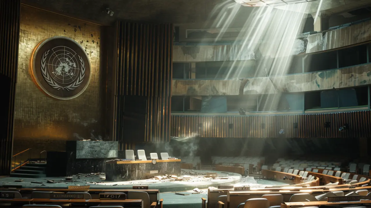 An AI generated image of a Post world war 3 UN Hall