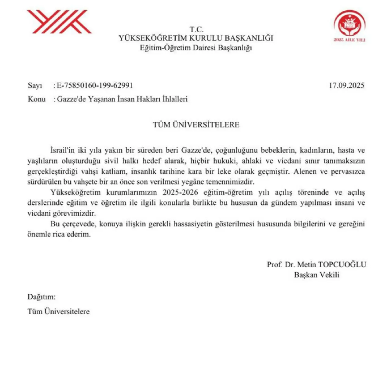 YÖK’ten üniversitelere “ilk ders Gazze” talimatı - Resim : 1