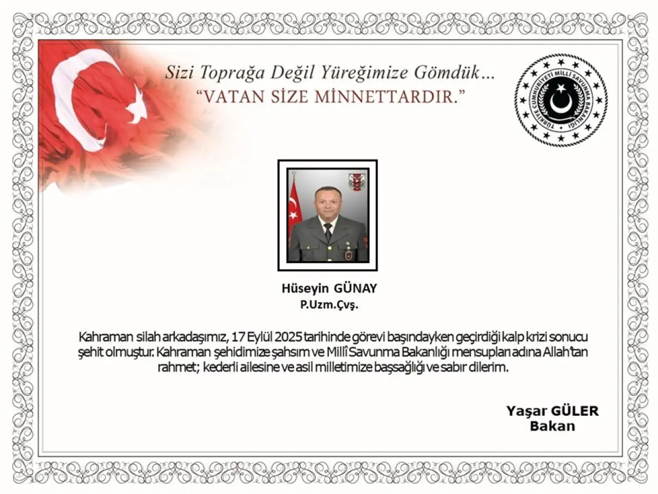 MSB acı haberi duyurdu: Uzman çavuş kalp krizi sonucu şehit oldu - 1