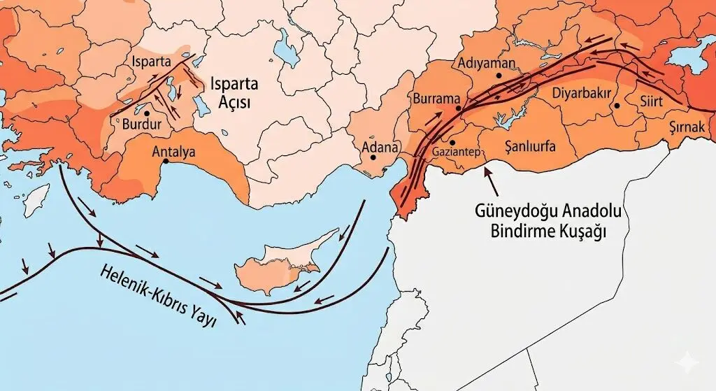 AKDENİZ VE GÜNEYDOĞU ANADOLU BÖLGESİ
Akdeniz ve Güneydoğu Anadolu  Bindirme Kuşakları ve Deniz Altı Riski taşımaktadır.
Fay Hatları ve Geçtiği Yerler: Akdeniz'de Helenik-Kıbrıs Yayı deniz altındadır. Isparta Açısı'ndaki yerel faylar önemlidir. Güneydoğu'da ise Bitlis-Zagros Bindirme Kuşağı, bölgenin kuzey sınırını oluşturur ve Şırnak, Siirt üzerinden Van'a doğru uzanır.
En Riskli İller 
Akdeniz: Hatay , Adana (doğu kesimi), Osmaniye, Burdur, Isparta (Isparta Açısı), Antalya (kıyı kesimleri). Mersin görece daha düşük risklidir.
Güneydoğu Anadolu: Kahramanmaraş, Adıyaman , Diyarbakır (kuzey kesimi), Şırnak, Siirt, Batman (kuzey kesimi). Şanlıurfa ve Mardin'in güneyi daha düşük risklidir.
En Riskli İlçeler: Adana'da Ceyhan, Yumurtalık, İmamoğlu; Burdur ve Isparta Merkez; Antalya'da kıyı şeridi (Alanya, Manavgat); Diyarbakır'da Lice, Kulp; Şırnak'ta Merkez, Uludere en riskli ilçelerdir.
