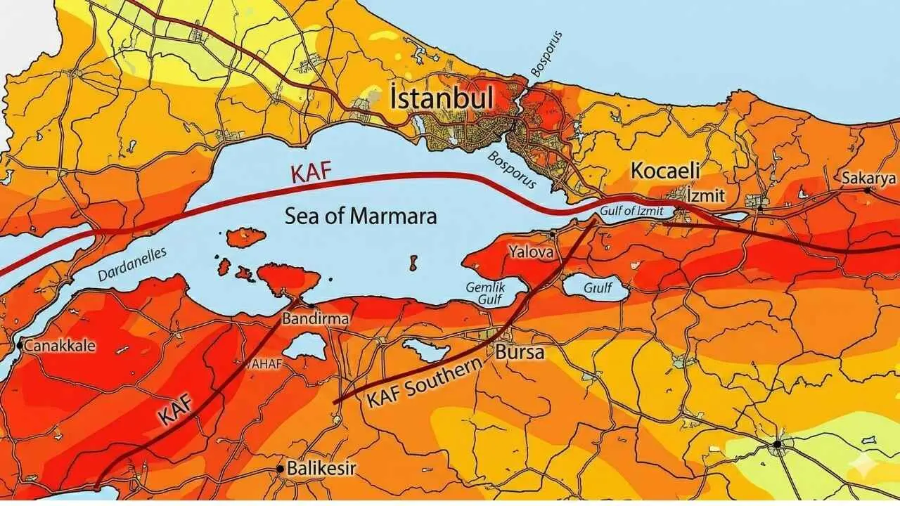 MARMARA BÖLGESİ 
Fay Hatları ve Geçtiği Yerler: KAF'ın kuzey kolu Marmara Denizi'nin içinden geçerken, güney kolu İzmit Körfezi'nden başlayıp Sapanca Gölü, Adapazarı, Geyve, Pamukova üzerinden devam eder. Gemlik ve Bandırma da bu güney kolunun etkisi altındadır.
En Riskli İller: İstanbul, Kocaeli, Sakarya, Yalova, Bursa, Balıkesir, Çanakkale (doğu kesimi).
En Riskli İlçeler: İstanbul'da Adalar, Avcılar, Bakırköy, Beylikdüzü, Küçükçekmece, Maltepe, Pendik, Tuzla, Zeytinburnu; Kocaeli'de Gölcük, İzmit, Gebze, Derince; Sakarya'da Adapazarı, Akyazı, Hendek, Sapanca yüksek riskli ilçeler arasındadır.