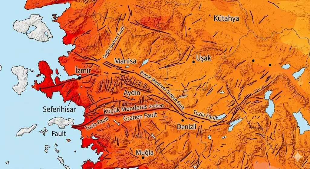 EGE BÖLGESİ 
Fay Hatları ve Geçtiği Yerler: Bölge, Gediz Grabeni (Manisa, Turgutlu, Salihli), Büyük Menderes Grabeni (Aydın, Nazilli, Söke) ve Küçük Menderes Grabeni gibi çöküntü alanlarını çevreleyen faylarla doludur. İzmir çevresinde ise Tuzla Fayı, Seferihisar Fayı ve İzmir Fayı gibi önemli kırıklar bulunur.
En Riskli İller: İzmir, Aydın, Manisa, Denizli, Muğla, Kütahya, Uşak.
En Riskli İlçeler: İzmir'da Bayraklı, Bornova, Buca, Karşıyaka, Konak, Seferihisar; Aydın'da Efeler, Nazilli, Söke, Kuşadası; Manisa'da Merkez, Turgutlu, Salihli, Akhisar; Denizli'de Merkezefendi, Pamukkale en riskli ilçelerdir.