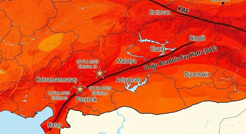 DOĞU ANADOLU BÖLGESİ 
Fay Hatları ve Geçtiği Yerler: DAF, Ölü Deniz Çatlağı'nın kuzey devamıdır. Hatay (Amik Ovası), Kahramanmaraş (Pazarcık, Türkoğlu), Adıyaman (Gölbaşı), Malatya (Pütürge), Elazığ (Sivrice), Bingöl (Karlıova) boyunca uzanır.
En Riskli İller: Hatay, Kahramanmaraş, Adıyaman, Malatya, Elazığ, Bingöl, Muş, Erzincan
En Riskli İlçeler: Hatay'da Antakya, Defne, Samandağ, Kırıkhan; Kahramanmaraş'ta Dulkadiroğlu, Onikişubat, Elbistan, Pazarcık; Adıyaman'da Merkez, Gölbaba, Besni; Malatya'da Battalgazi, Yeşilyurt, Doğanşehir; Elazığ'da Sivrice, Palu yüksek riskli ilçelerdir. Erzincan Merkez de KAF üzerindeki konumuyla son derece risklidir.