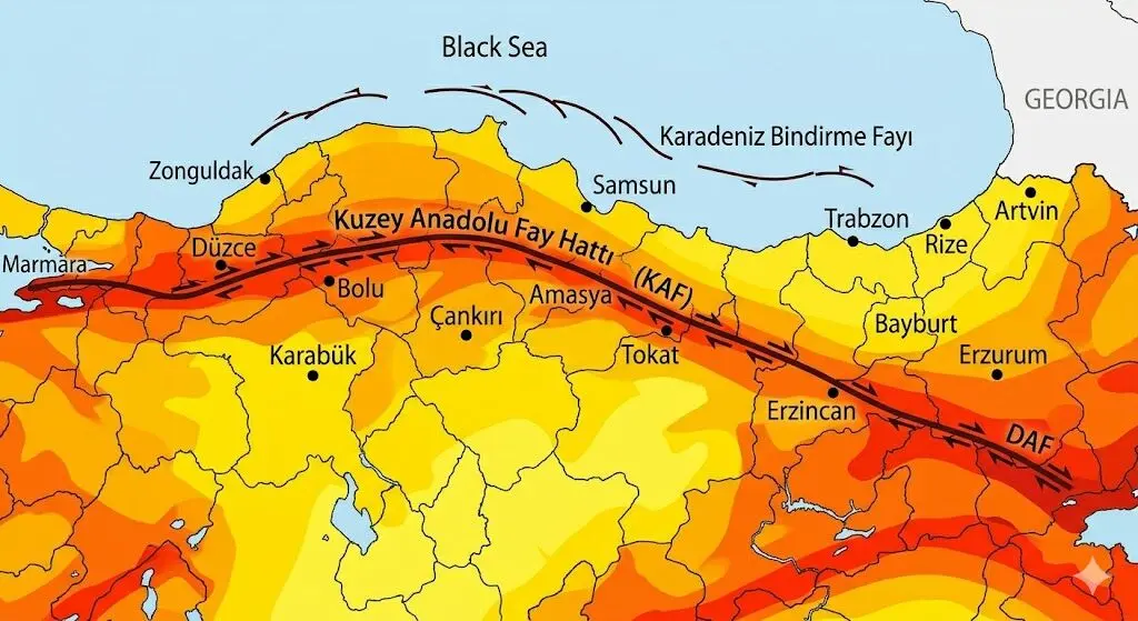 KARADENİZ BÖLGESİ
Fay Hatları ve Geçtiği Yerler: Kuzey Anadolu Fay Hattı, bölgenin güney sınırını oluşturur. Düzce, Bolu, Gerede, Çerkeş, Ilgaz, Tosya, Merzifon, Niksar, Reşadiye, Erzincan boyunca uzanır. Karadeniz sahili boyunca da Karadeniz Bindirme Fayı bulunur.
En Riskli İller : Düzce, Bolu, Karabük, Çankırı (kuzey), Amasya, Tokat, Erzincan, Bayburt.
En Riskli İlçeler: Düzce Merkez, Kaynaşlı, Gölyaka; Bolu Merkez, Gerede; Karabük Merkez; Tokat'ta Erbaa, Niksar, Reşadiye (KAF üzerindeki en aktif segmentlerden biri); Amasya'da Merzifon; Erzincan Merkez en riskli yerlerdir. Sahil şeridinde ise Bartın Merkez (1968 depremi) gibi alanlar dikkat gerektirir.