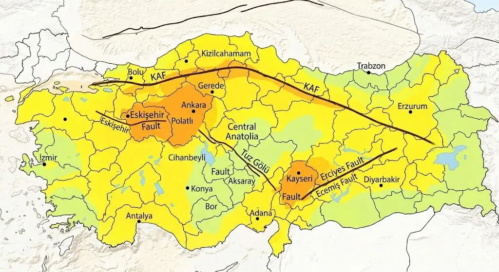İÇ ANADOLU BÖLGESİ
Fay Hatları ve Geçtiği Yerler: En önemli yerel faylar Tuz Gölü Fay Hattı (Cihanbeyli'den Aksaray'a uzanır) ve Eskişehir Fay Hattı'dır. Ayrıca Ankara'nın kuzeyi KAF'ın etkisi altındadır. Kayseri'de Erciyes ve Ecemiş fayları bulunur.
En Riskli İller (Bölge İçindeki Faylar Nedeniyle): Konya (Tuz Gölü Fayı), Eskişehir, Ankara (Kuzey kesimleri, KAF'a yakınlık), Kayseri (Erciyes Fayı), Aksaray.
En Riskli İlçeler: Konya'da Cihanbeyli, Ereğli; Eskişehir'de Merkez ilçeler (Tepebaşı, Odunpazarı); Ankara'da Şereflikoçhisar, Evren (Tuz Gölü Fayı'na yakın), Kızılcahamam (KAF'a yakın); Kayseri'de Merkez ilçeler, Develi en riskli yerlerdir. Kırşehir, Nevşehir ve Yozgat'ın büyük bölümü daha düşük risklidir.